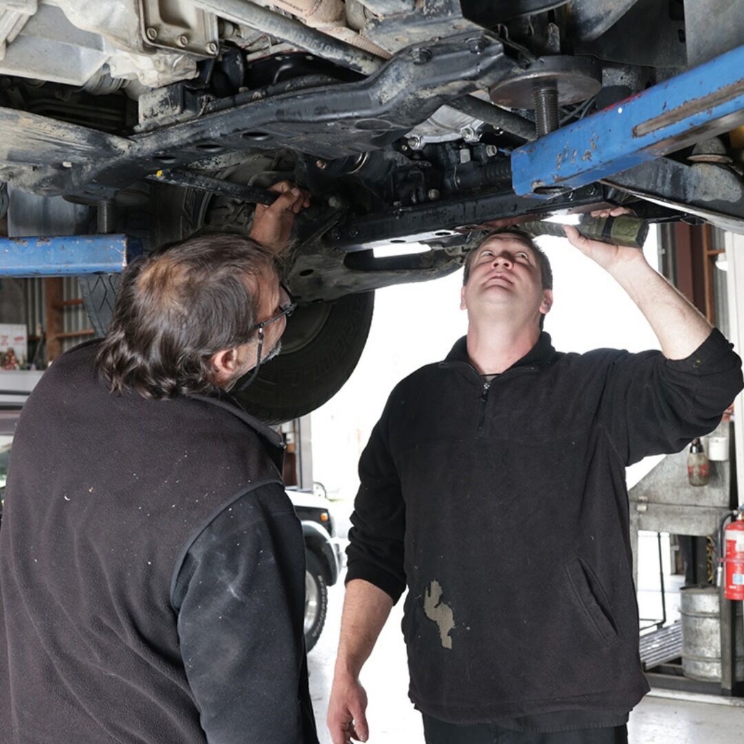 Wheels-off inspection on a vehicle hoist during tyre work at our Frankton workshop.